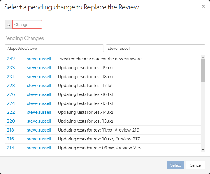 Image of the Replace Review with a Pending Changelist dialog